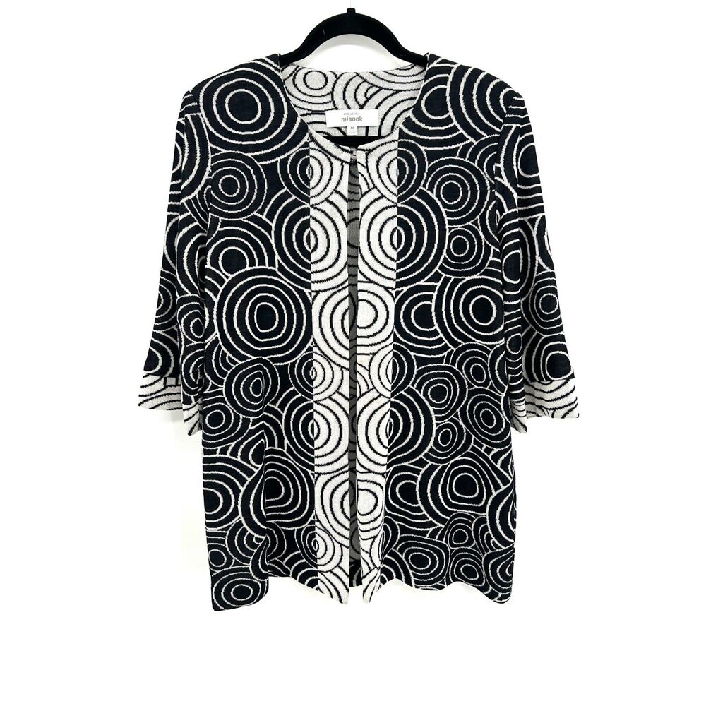 MISOOK *Flawed* Black White Circle Knit Open Front 3/4 Sleeve Jacket Size Medium